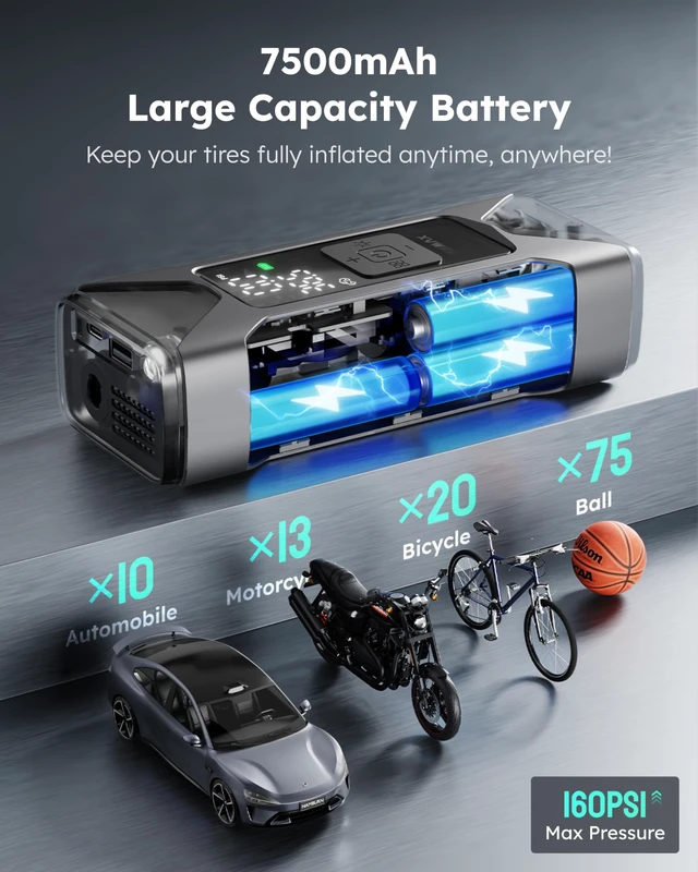 Alt view image 5 of 7 - T10 Tire Inflator Portable Air Compressor for Car Tires, Motorcycles | 160PSI Cordless Air Pump for Bikes, 7500mAh Rechargeable Battery, Auto Stop, Digital Pressure Gauge, LED, 26L/min Tire Pump