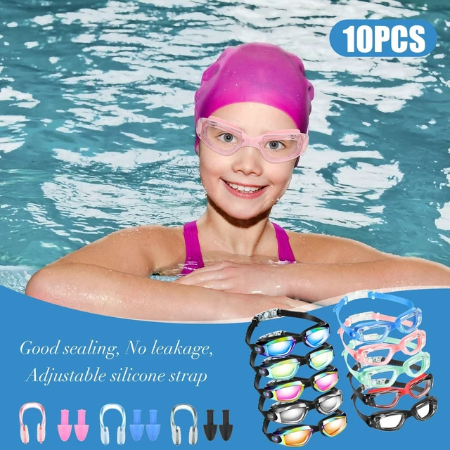 Alt view image 7 of 7 - 10 Pack Swim Goggles for Kids Adults Pool Goggles, Assorted Colors | Leak-proof Seal, Includes Ear Plugs Nose Clips, Fits 6-14 Age Range, Anti Fog Coating for Pool Training and Family Swim