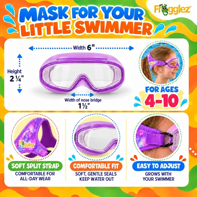Alt view image 3 of 7 - Kids Goggles Mask Ages 4-10, Wide View, Anti-Fog, Purple Galaxiez | No hair pull patented strap, Anti fog coating, Wide view panoramic lens, Mask style fit