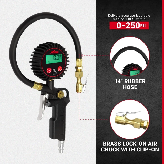 Alt view image 2 of 7 - 507KIT Digital Tire Inflator Car Accessories w/Accurate Air Tire Pressure Gauge, 14 Rubber Air Hose 250 PSI, Brass Lock-On Clip Air Chuck and Compressor Accessories