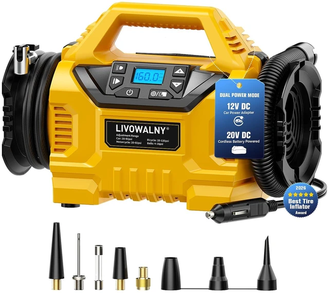 Main image of 3X Faster Cordless Tire Inflator Air Compressor Pump Compatible With Dewalt 20V Battery, 160PSI 12V DC/20V DC with Pressure Gauge & Deflator for Car, Pickup, Air Mattresses (Tool Only)