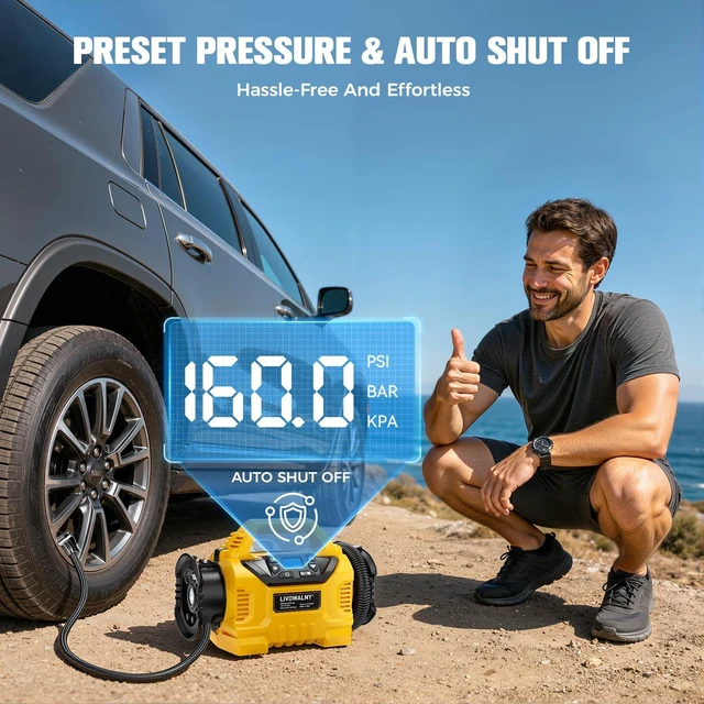 Alt view image 6 of 7 - 3X Faster Cordless Tire Inflator Air Compressor Pump Compatible With Dewalt 20V Battery, 160PSI 12V DC/20V DC with Pressure Gauge & Deflator for Car, Pickup, Air Mattresses (Tool Only)