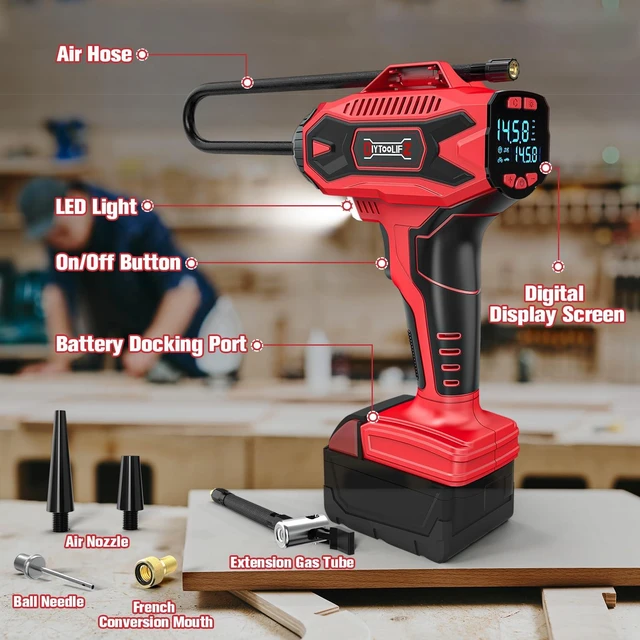 Alt view image 7 of 7 - 160PSI Tire Inflator Compatible with Milwaukee 18V Battery | Portable Air Compressor Cordless Air Pump with Digital Pressure Gauge for Cars, SUV, Motorcycles, Bikes, Balls (Tool Only)
