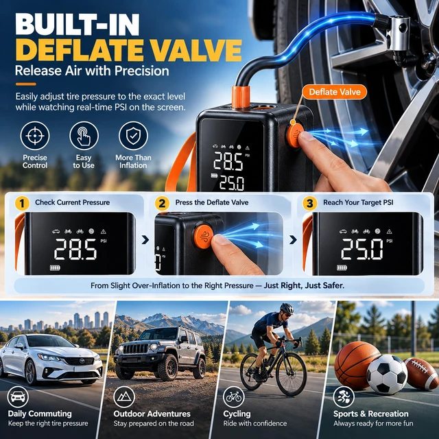 Alt view image 2 of 7 - Tire Inflator 150PSI Portable Air Compressor, 6000mAh & DC Power Support | 6IN1 Emergency Kit, 45L/Min airflow for Cars & SUVs, Digital Gauge, Auto Shut-Off, Extended 22" Hose, Premium EVA case