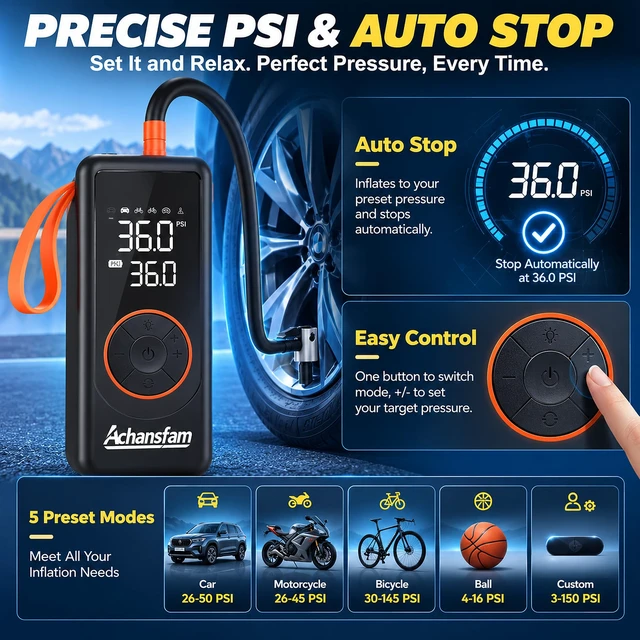 Alt view image 4 of 7 - Tire Inflator 150PSI Portable Air Compressor, 6000mAh & DC Power Support | 6IN1 Emergency Kit, 45L/Min airflow for Cars & SUVs, Digital Gauge, Auto Shut-Off, Extended 22" Hose, Premium EVA case