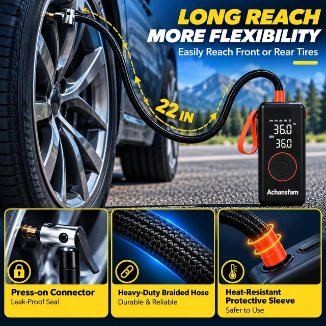 Alt view image 7 of 7 - Tire Inflator 150PSI Portable Air Compressor, 6000mAh & DC Power Support | 6IN1 Emergency Kit, 45L/Min airflow for Cars & SUVs, Digital Gauge, Auto Shut-Off, Extended 22" Hose, Premium EVA case