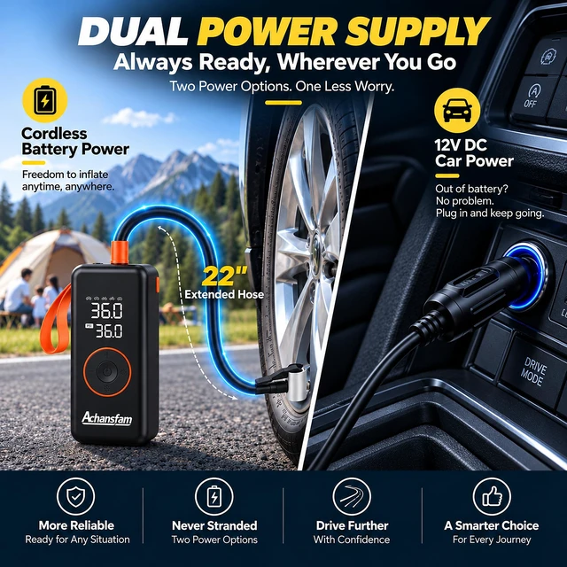 Alt view image 3 of 7 - Tire Inflator 150PSI Portable Air Compressor, 6000mAh & DC Power Support | 6IN1 Emergency Kit, 45L/Min airflow for Cars & SUVs, Digital Gauge, Auto Shut-Off, Extended 22" Hose, Premium EVA case