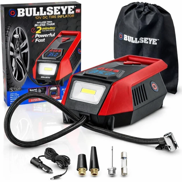 Main image of Bullseye 12V DC Car Tire Inflator Portable Air Compressor - Rapid 2 Minute Inflation, Auto Shut-Off, Max 150 PSI, Easy Cord Storage, Digital Pressure Gauge, Works For Bikes, Motorcycles, Inflateables