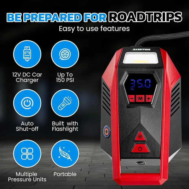 Alt view image 3 of 7 - Bullseye 12V DC Car Tire Inflator Portable Air Compressor - Rapid 2 Minute Inflation, Auto Shut-Off, Max 150 PSI, Easy Cord Storage, Digital Pressure Gauge, Works For Bikes, Motorcycles, Inflateables