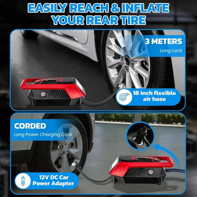 Alt view image 6 of 7 - Bullseye 12V DC Car Tire Inflator Portable Air Compressor - Rapid 2 Minute Inflation, Auto Shut-Off, Max 150 PSI, Easy Cord Storage, Digital Pressure Gauge, Works For Bikes, Motorcycles, Inflateables