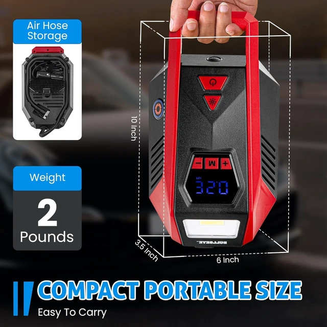 Alt view image 7 of 7 - Bullseye 12V DC Car Tire Inflator Portable Air Compressor - Rapid 2 Minute Inflation, Auto Shut-Off, Max 150 PSI, Easy Cord Storage, Digital Pressure Gauge, Works For Bikes, Motorcycles, Inflateables
