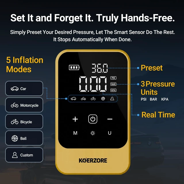 Alt view image 4 of 7 - Tire Inflator Portable Air Compressor,150 PSI Cordless Air Pump | Gifts for Men,Bike Pump with Digital Pressure Gauge for Auto, Motorcycle, Bicycle, Balls, Car Accessories