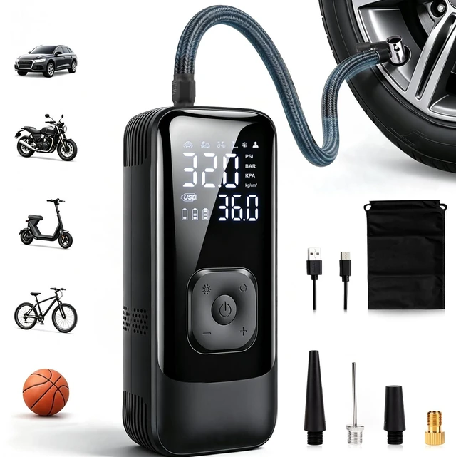 Main image of Tire Inflator Portable Air Compressor, 150 PSI 4X Faster Electric Air Pump with Auto Shut-Off, Rechargeable Battery, LED Light, Digital Gauge for Car, Motorcycle, Bike, ATV, Scooter & Sports Balls