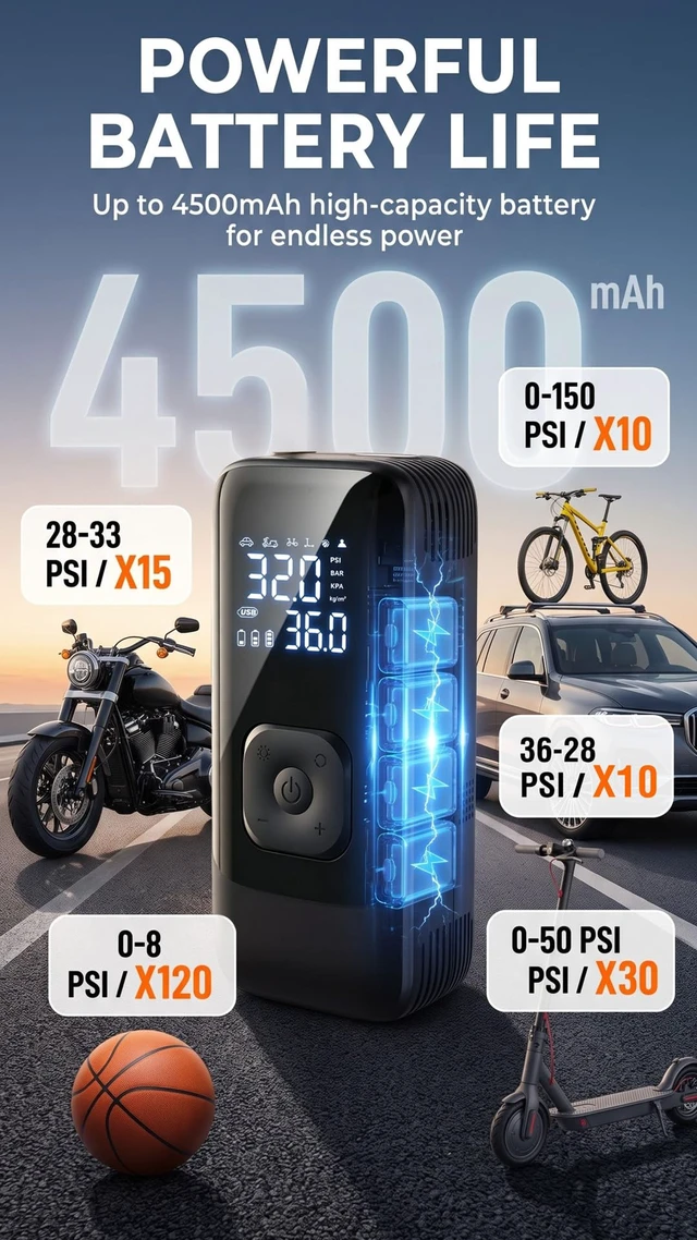 Alt view image 3 of 7 - Tire Inflator Portable Air Compressor, 150 PSI 4X Faster Electric Air Pump with Auto Shut-Off, Rechargeable Battery, LED Light, Digital Gauge for Car, Motorcycle, Bike, ATV, Scooter & Sports Balls