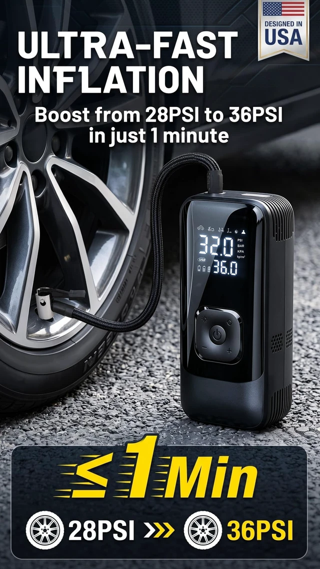 Alt view image 2 of 7 - Tire Inflator Portable Air Compressor, 150 PSI 4X Faster Electric Air Pump with Auto Shut-Off, Rechargeable Battery, LED Light, Digital Gauge for Car, Motorcycle, Bike, ATV, Scooter & Sports Balls