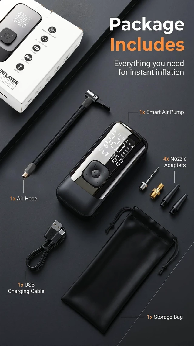 Alt view image 7 of 7 - Tire Inflator Portable Air Compressor, 150 PSI 4X Faster Electric Air Pump with Auto Shut-Off, Rechargeable Battery, LED Light, Digital Gauge for Car, Motorcycle, Bike, ATV, Scooter & Sports Balls