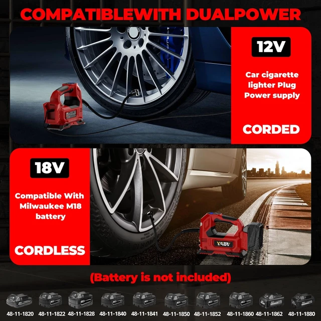 Alt view image 3 of 6 - Cordless Tire Inflator Air Compressor Compatible with Milwaukee 18V Battery,160PSI Portable LED Light Handheld Pump with Digital Pressure Gauge Cars Motorcycles Bikes Balls(Battery Not Included)