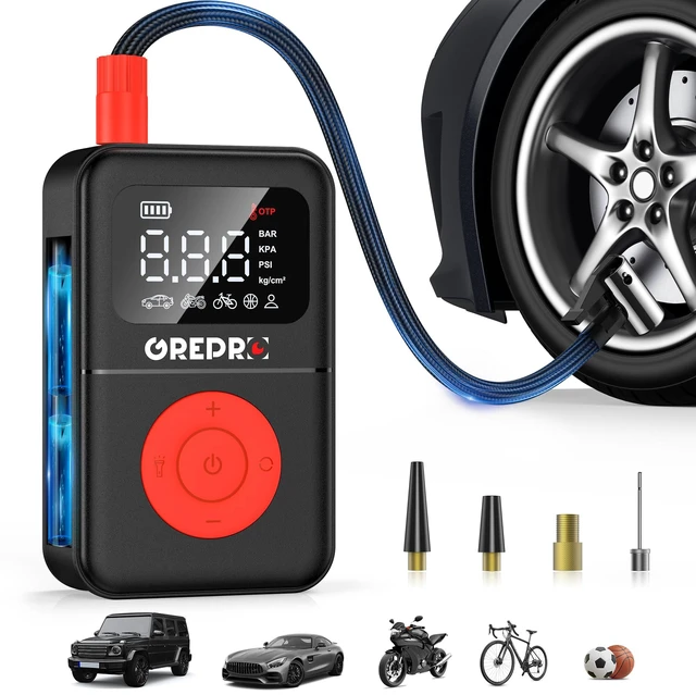 Main image of Tire Inflator Portable Air Compressor | 160 PSI, Digital Pressure Gauge, LED Light, Multiple Adapters for Car, Motorcycle, Bicycle, and Other Inflatables