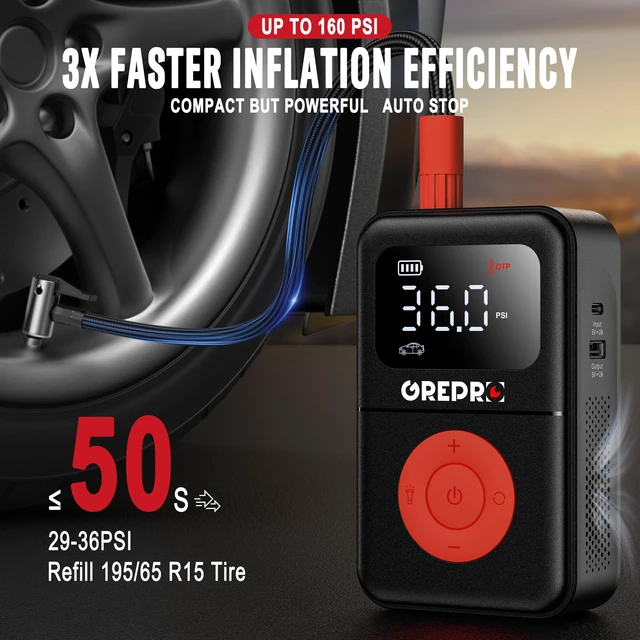 Alt view image 2 of 7 - Tire Inflator Portable Air Compressor | 160 PSI, Digital Pressure Gauge, LED Light, Multiple Adapters for Car, Motorcycle, Bicycle, and Other Inflatables