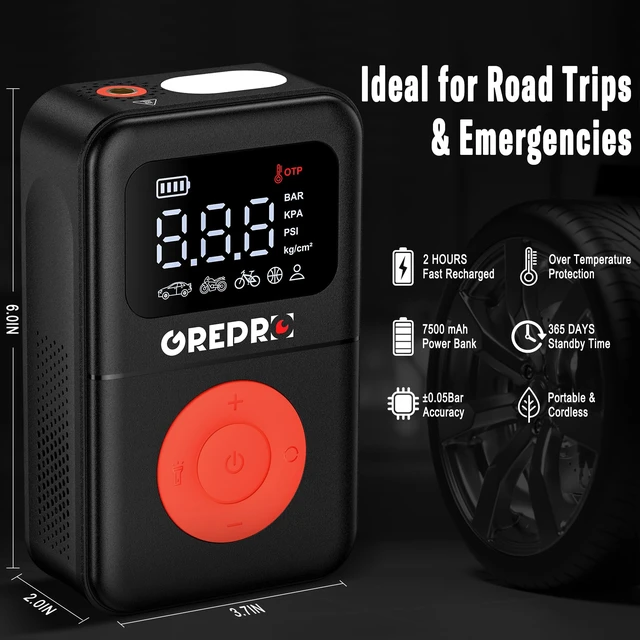 Alt view image 5 of 7 - Tire Inflator Portable Air Compressor | 160 PSI, Digital Pressure Gauge, LED Light, Multiple Adapters for Car, Motorcycle, Bicycle, and Other Inflatables