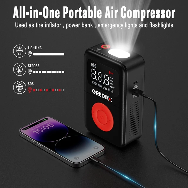 Alt view image 4 of 7 - Tire Inflator Portable Air Compressor | 160 PSI, Digital Pressure Gauge, LED Light, Multiple Adapters for Car, Motorcycle, Bicycle, and Other Inflatables