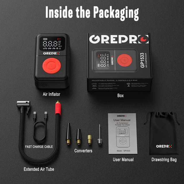 Alt view image 6 of 7 - Tire Inflator Portable Air Compressor | 160 PSI, Digital Pressure Gauge, LED Light, Multiple Adapters for Car, Motorcycle, Bicycle, and Other Inflatables