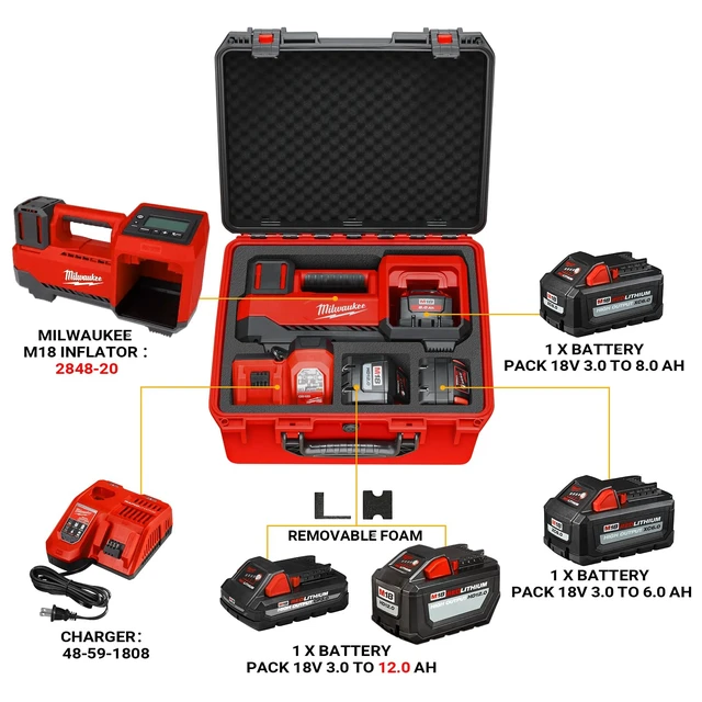Alt view image 2 of 6 - Case for Milwaukee Air Compressor Accessories: Waterproof for M18 2848-20 | Hard Case with Foam for Cordless Tire Inflator, Air Pump Storage Box for Tool, 3.0-12.0 Battery, Charger (Case Only)