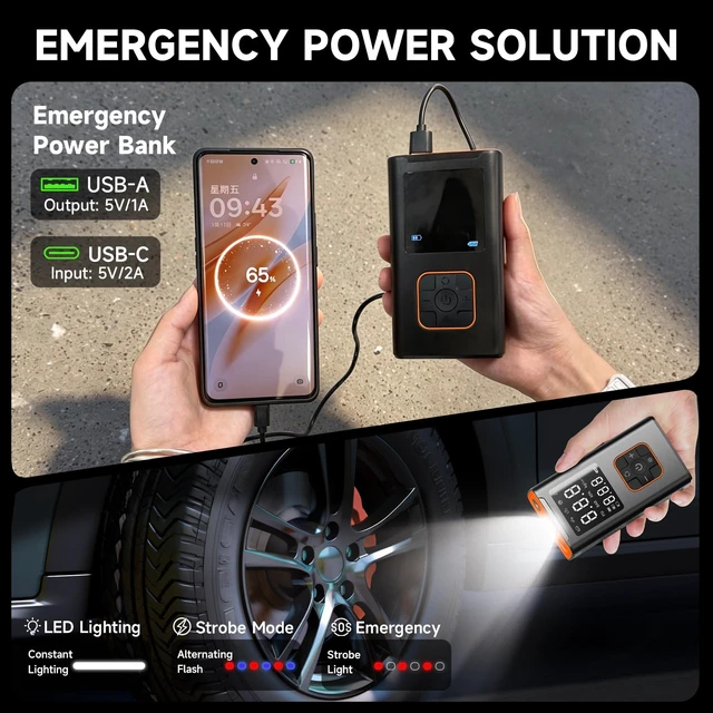 Alt view image 3 of 7 - 4000mAh USB-C Air Compressor 150PSI Tire Inflator Portable Auto-Off Pump | 4000mAh long runtime, 8 tires fill, 19-cylinder metal motor, LED emergency light, power bank for car SUV truck.