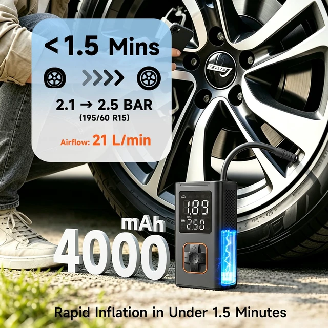 Alt view image 4 of 7 - 4000mAh USB-C Air Compressor 150PSI Tire Inflator Portable Auto-Off Pump | 4000mAh long runtime, 8 tires fill, 19-cylinder metal motor, LED emergency light, power bank for car SUV truck.