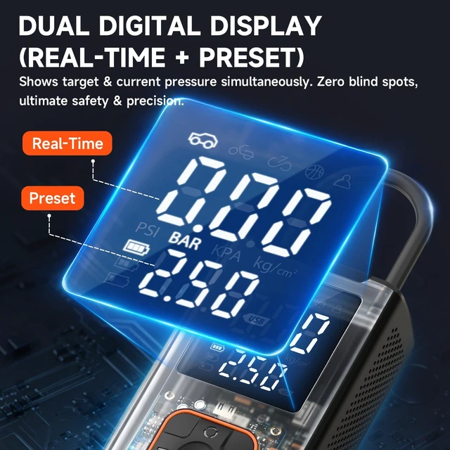 Alt view image 6 of 7 - 4000mAh USB-C Air Compressor 150PSI Tire Inflator Portable Auto-Off Pump | 4000mAh long runtime, 8 tires fill, 19-cylinder metal motor, LED emergency light, power bank for car SUV truck.