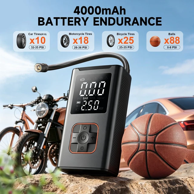 Alt view image 7 of 7 - 4000mAh USB-C Air Compressor 150PSI Tire Inflator Portable Auto-Off Pump | 4000mAh long runtime, 8 tires fill, 19-cylinder metal motor, LED emergency light, power bank for car SUV truck.