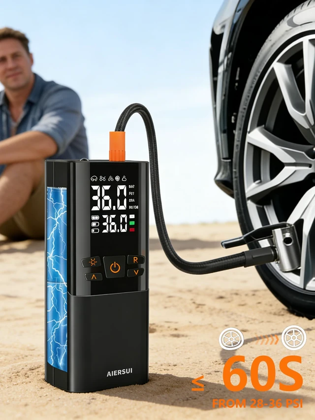 Alt view image 2 of 7 - Tire Inflator Portable Air Compressor, Cordless 5-in-1 Smart Pump for Sedan/Motorcycle/Bike, 150PSI Auto-Stop, 6000mAh Power Bank, Lightweight with Digital Display, AS805