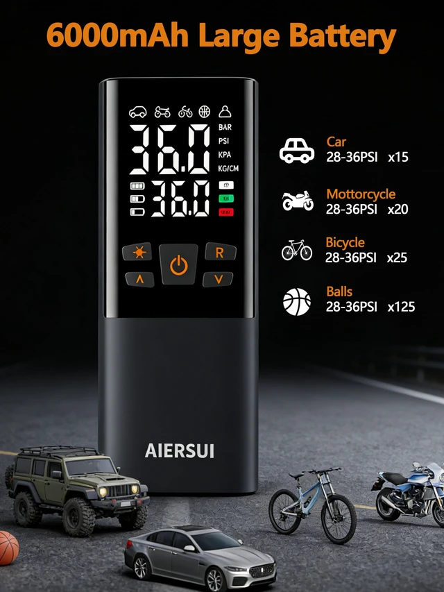 Alt view image 3 of 7 - Tire Inflator Portable Air Compressor, Cordless 5-in-1 Smart Pump for Sedan/Motorcycle/Bike, 150PSI Auto-Stop, 6000mAh Power Bank, Lightweight with Digital Display, AS805