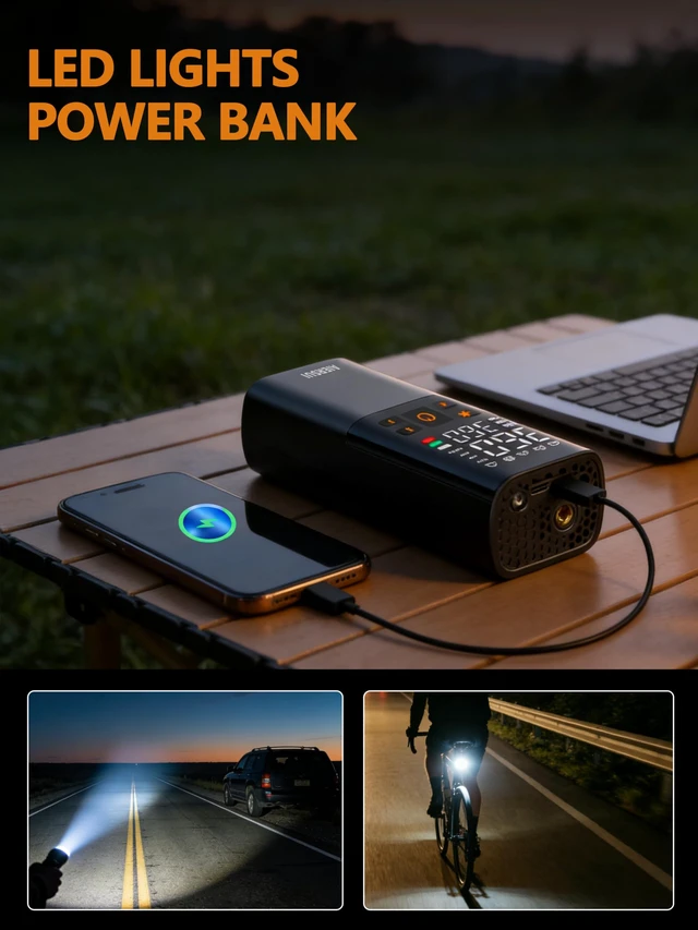 Alt view image 4 of 7 - Tire Inflator Portable Air Compressor, Cordless 5-in-1 Smart Pump for Sedan/Motorcycle/Bike, 150PSI Auto-Stop, 6000mAh Power Bank, Lightweight with Digital Display, AS805