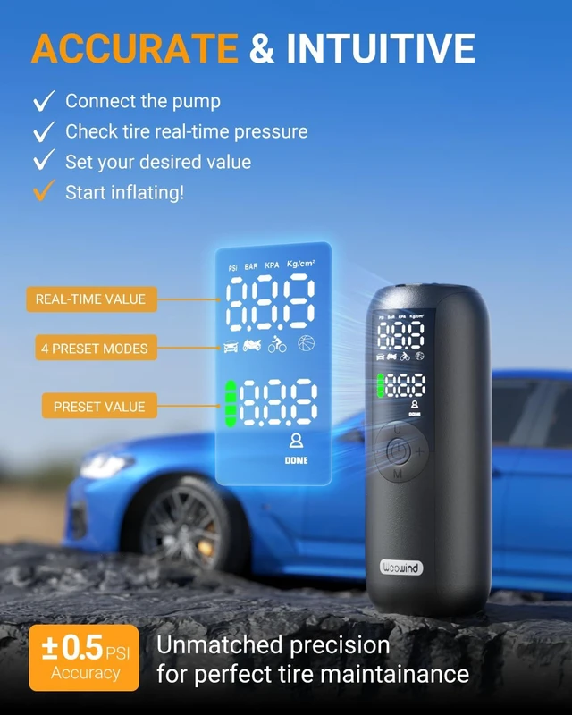 Alt view image 3 of 7 - LP1 Bike Pump 150PSI, Tire Inflator Portable Air Compressor | Bicycle Pump with Auto Shut Off, 1 Minute Fast Inflation, Air Pump for Car, Bikes, Motorcycles, Digital Pressure Gauge, LED