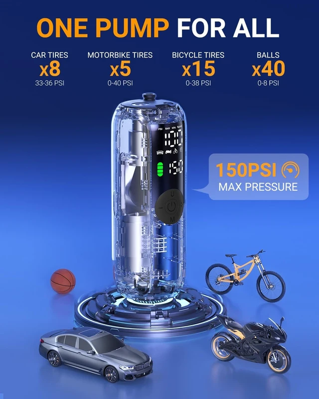 Alt view image 6 of 7 - LP1 Bike Pump 150PSI, Tire Inflator Portable Air Compressor | Bicycle Pump with Auto Shut Off, 1 Minute Fast Inflation, Air Pump for Car, Bikes, Motorcycles, Digital Pressure Gauge, LED