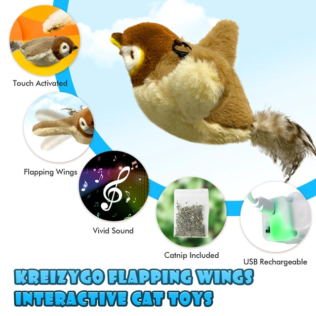 Alt view image 2 of 6 - Cat Toys, Flapping Wings Sparrow, No Flying, Chirping Bird Interactive Catnip Toy for Kitten or Small Dogs, Touch Activated, Rechargeable
