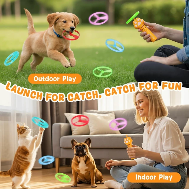 Alt view image 5 of 6 - Cat Chase Fetch Toy Rechargeable Disc Launcher with 6 Fly Spinners | Interactive Pet Hunting Toys for Indoor Outdoor Yard, Fun Exercise Game for Cats and Dogs