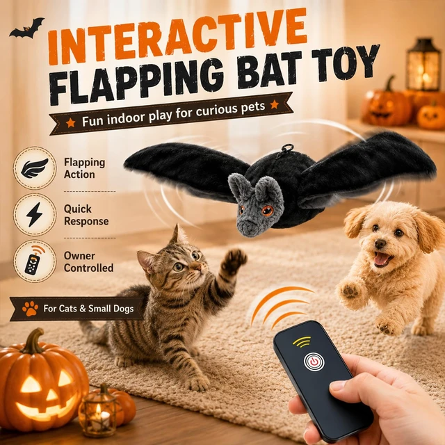 Alt view image 2 of 7 - Flying Bat Dog Toy,Flapping Bird Interactive Cat Toy,Flying Bt Toy for Dogs | Cute Flapping Wings Electric Teasing Cat/Dog Toy,Indoor Chase Toy for Exercise,Hanging and Ground Play(1Pc)