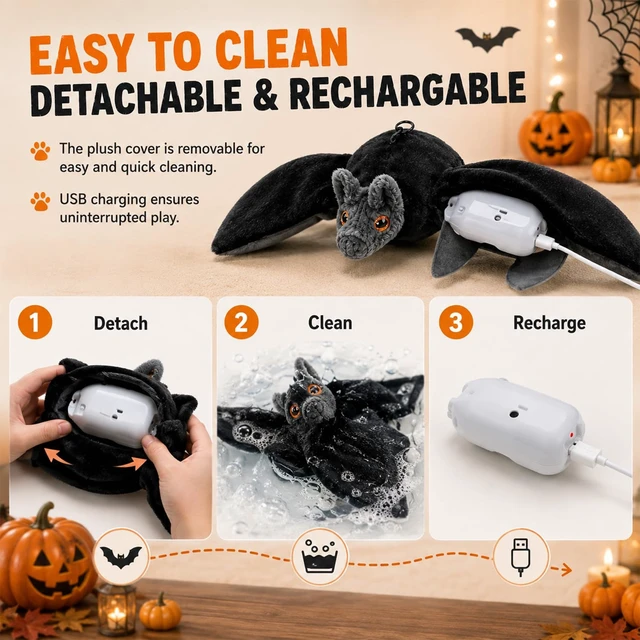 Alt view image 7 of 7 - Flying Bat Dog Toy,Flapping Bird Interactive Cat Toy,Flying Bt Toy for Dogs | Cute Flapping Wings Electric Teasing Cat/Dog Toy,Indoor Chase Toy for Exercise,Hanging and Ground Play(1Pc)