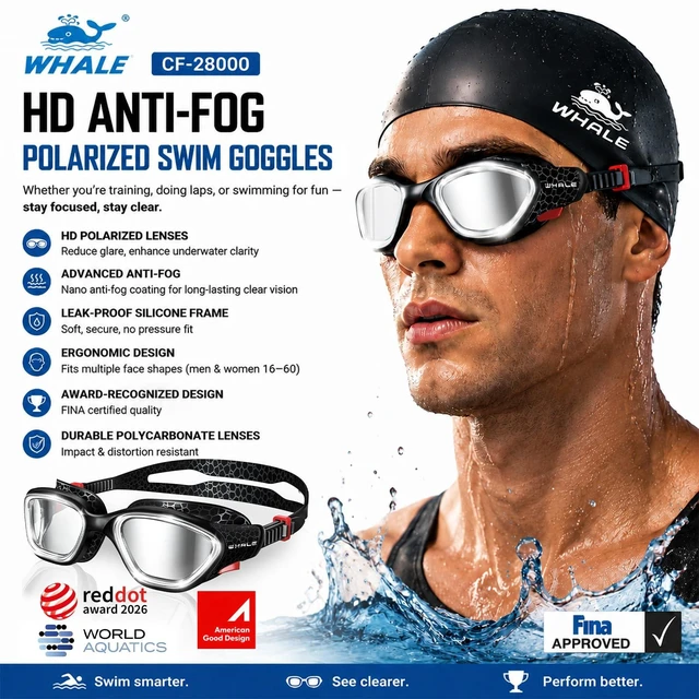 Alt view image 2 of 7 - Swim Goggles Polarized Anti-Fog Lenses, Unisex | 100% UV Protection | Anti-Fog Design (Jet Black; Polarized Lenses)