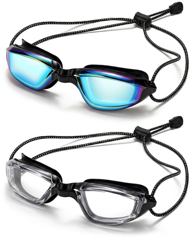Main image of Swimming Goggles with Adjustable Bungee Strap, No Leak Anti-Fog UV Protection Mirrored Swim Goggles Adults (2 Pack)