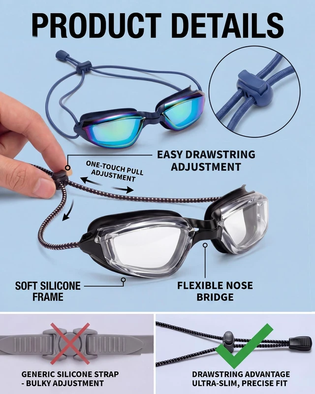Alt view image 2 of 7 - Swimming Goggles with Adjustable Bungee Strap, No Leak Anti-Fog UV Protection Mirrored Swim Goggles Adults (2 Pack)