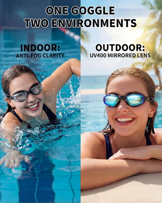 Alt view image 7 of 7 - Swimming Goggles with Adjustable Bungee Strap, No Leak Anti-Fog UV Protection Mirrored Swim Goggles Adults (2 Pack)