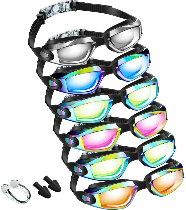 Main image of 6 Pack Swimming Goggles Adult Kid, Bright Color, 6.3 x 1.8 Inches | Pool Goggles for Adults Kids, Ear Plugs Nose Clip Included, Leak-proof, UV Protection, Soft Silicone, Mirrored Lenses