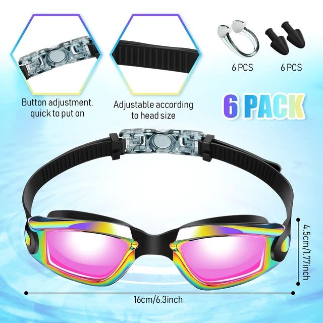 Alt view image 3 of 7 - 6 Pack Swimming Goggles Adult Kid, Bright Color, 6.3 x 1.8 Inches | Pool Goggles for Adults Kids, Ear Plugs Nose Clip Included, Leak-proof, UV Protection, Soft Silicone, Mirrored Lenses