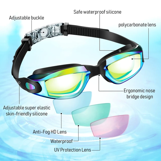 Alt view image 2 of 7 - 6 Pack Swimming Goggles Adult Kid, Bright Color, 6.3 x 1.8 Inches | Pool Goggles for Adults Kids, Ear Plugs Nose Clip Included, Leak-proof, UV Protection, Soft Silicone, Mirrored Lenses