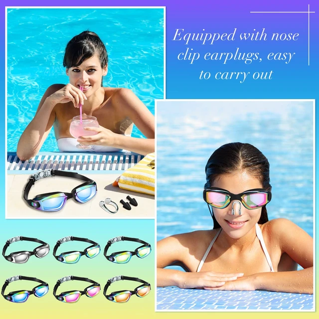 Alt view image 6 of 7 - 6 Pack Swimming Goggles Adult Kid, Bright Color, 6.3 x 1.8 Inches | Pool Goggles for Adults Kids, Ear Plugs Nose Clip Included, Leak-proof, UV Protection, Soft Silicone, Mirrored Lenses
