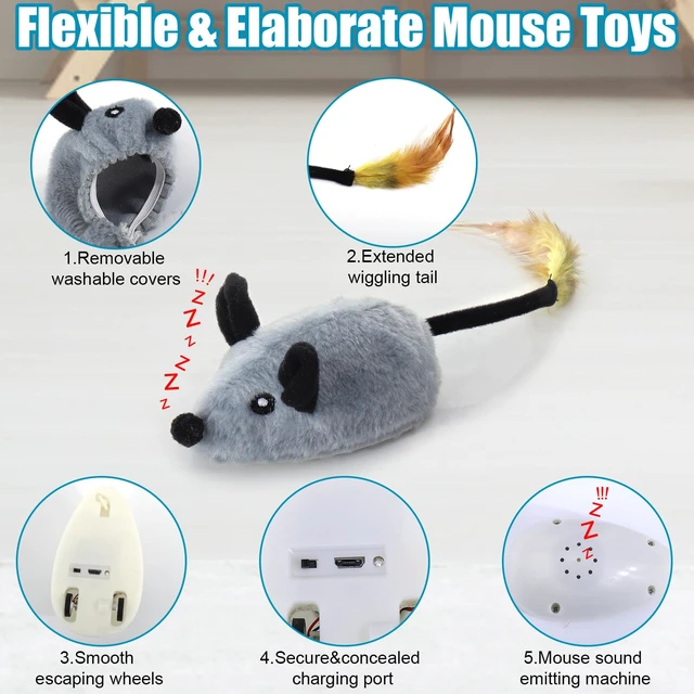 Alt view image 5 of 7 - Interactive Dog Toys, Fake Mouse Moving Dog Toy with Automatic Sensor | Dog Mouse Toy with Realistic Sound & Extended Tail, Automatic Dog Toy for Cats Dogs Pet, Squeaky Dog Toys Gray