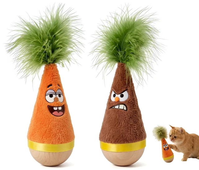 Main image of PawCrafter Catnip Wooden Wobble Cat Toy, Carrot Kicker Tumbler | 2 Pack Set, Self-Righting Beechwood Base, Angry and Happy Duo, Bite-Resistant Plush, Silent Battery-Free, 7 Inch, Indoor Cats